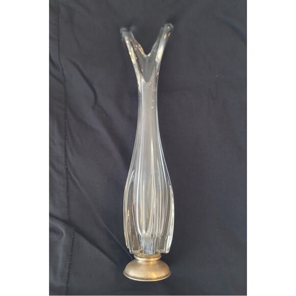 Crystal 12"  clear glass swung vase with Silver Stamped base 1960's V top taper - Picture 3 of 8
